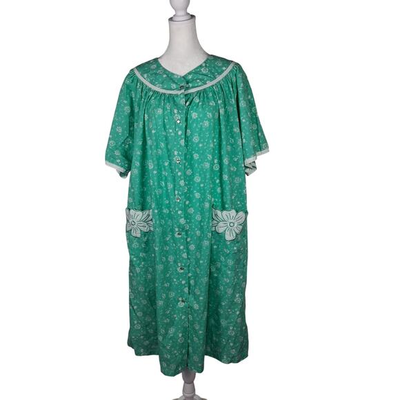Granny Mint White Floral Pocket Vintage Housecoat Pearl Snaps Modest Lounge Wear - Picture 1 of 10